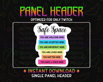 Könnte beinhalten: Ein digitaler Panel-Header für Twitch mit einer Regenbogen-farbigen Safe-Space-Nachricht. Der Text lautet "Safe Space" mit den Worten "You are welcome here", "You are accepted here", "You are important here", "You are loved here", "You matter here" und "You have a voice here" in einem Regenbogen-Farbschema. Der Header enthält auch den Text "Sofort-Download" und "Einzelner Panel-Header".