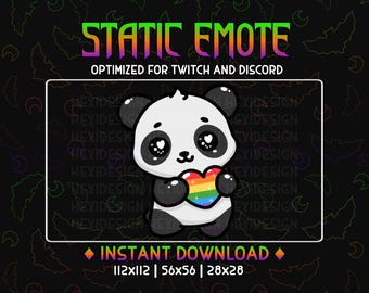 Könnte beinhalten: Ein statisches Emoji mit einem Cartoon-Panda, der ein Regenbogenherz hält. Das Emoji ist für Twitch und Discord optimiert. Der Text "STATIC EMOTE" befindet sich oben im Bild. Der Text "OPTIMIZED FOR TWITCH AND DISCORD" befindet sich unter dem Titel. Der Text "INSTANT DOWNLOAD" befindet sich unten im Bild. Der Text "112x112 | 56x56 | 28x28" befindet sich unter dem Download-Text.