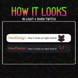 Puede incluir: Un gr&aacute;fico que muestra c&oacute;mo se ve una superposici&oacute;n de Twitch con un dise&ntilde;o de murci&eacute;lago en un fondo de modo claro y oscuro. El texto dice "HexiDesign: &iexcl;C&oacute;mo se ve en Twitch claro!" y "HexiDesign: &iexcl;C&oacute;mo se ve en Twitch oscuro!"