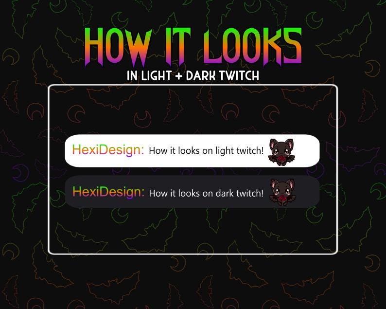 Puede incluir: Un gr&aacute;fico que muestra c&oacute;mo se ve una superposici&oacute;n de Twitch con un dise&ntilde;o de murci&eacute;lago en un fondo de modo claro y oscuro. El texto dice "HexiDesign: &iexcl;C&oacute;mo se ve en Twitch claro!" y "HexiDesign: &iexcl;C&oacute;mo se ve en Twitch oscuro!"
