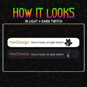 Puede incluir: Una captura de pantalla que muestra c&oacute;mo se ve una superposici&oacute;n de Twitch con un dise&ntilde;o de drag&oacute;n negro en modo claro y oscuro. El texto dice "HexiDesign: &iexcl;C&oacute;mo se ve en Twitch claro!" y "HexiDesign: &iexcl;C&oacute;mo se ve en Twitch oscuro!"