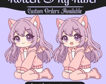 Könnte beinhalten: Digitales Kunstwerk mit zwei Anime-Charakteren mit Katzenohren, lila Haaren und rosa Kleidung. Das Bild enthält den Text "Twitch PngTuber" und "Custom Orders Available" auf einem lila Hintergrund. Die Etsy-Shop-Adresse ist ebenfalls enthalten.