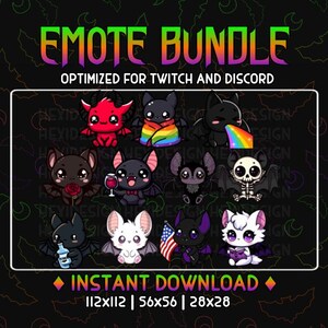 Puede incluir: Un conjunto de 10 emoticonos animados de Twitch y Discord con adorables murci&eacute;lagos de dibujos animados en varias poses. Los emoticonos est&aacute;n optimizados para su uso en Twitch y Discord y est&aacute;n disponibles en tres tama&ntilde;os: 112x112, 56x56 y 28x28 p&iacute;xeles.
