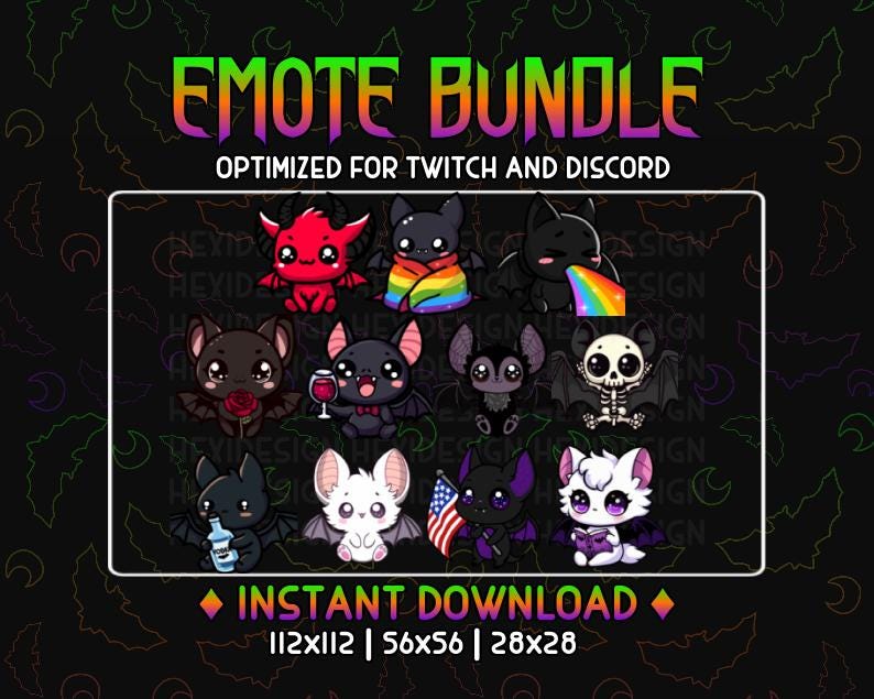 Puede incluir: Un conjunto de 10 emoticonos animados de Twitch y Discord con adorables murci&eacute;lagos de dibujos animados en varias poses. Los emoticonos est&aacute;n optimizados para su uso en Twitch y Discord y est&aacute;n disponibles en tres tama&ntilde;os: 112x112, 56x56 y 28x28 p&iacute;xeles.
