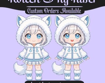 Könnte beinhalten: Zwei Anime-Charaktere mit weißen Kapuzenjacken mit blauen Akzenten und Fuchsohren. Die Charaktere haben blaue Augen und weißes Haar. Das Bild enthält den Text "Twitch PngTuber" und "Custom Orders Available". Die Etsy-Shop-Adresse ist ebenfalls enthalten.