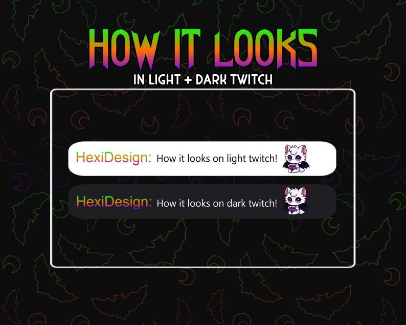Puede incluir: Una captura de pantalla que muestra c&oacute;mo se ve una superposici&oacute;n de Twitch con un lindo personaje de murci&eacute;lago en modo claro y oscuro. El texto dice "How it looks in light + dark Twitch" y "HexiDesign: How it looks on light twitch!" y "HexiDesign: How it looks on dark twitch!"