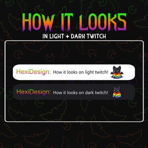 Puede incluir: Un gr&aacute;fico que muestra c&oacute;mo se ve una superposici&oacute;n de Twitch con un dise&ntilde;o de murci&eacute;lago en modo claro y oscuro. El texto dice "How it looks in light + dark Twitch". La superposici&oacute;n presenta un murci&eacute;lago negro con alas de arco&iacute;ris y el texto "HexiDesign: How it looks on light twitch!" y "HexiDesign: How it looks on dark twitch!"