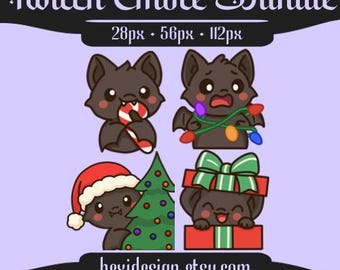 Könnte beinhalten: Grafik eines Twitch Emote Bundles mit vier Cartoon-Fledermäusen in verschiedenen Feiertags-Themen. Eine Fledermaus hält eine Zuckerstange, eine andere ist in Lichterketten verwickelt, eine dritte trägt einen Weihnachtsmannhut und die letzte springt aus einer Geschenkbox.