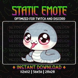 Könnte beinhalten: Eine Cartoon-Schlange mit großen Augen und einer rosa Zunge. Die Schlange ist grau und weiß und sitzt auf einem weißen Hintergrund. Der Text "STATIC EMOTE" befindet sich über der Schlange, und der Text "OPTIMIZED FOR TWITCH AND DISCORD" befindet sich unter der Schlange. Der Text "INSTANT DOWNLOAD" befindet sich unter der Schlange, und der Text "112x112 | 56x56 | 28x28" befindet sich darunter.
