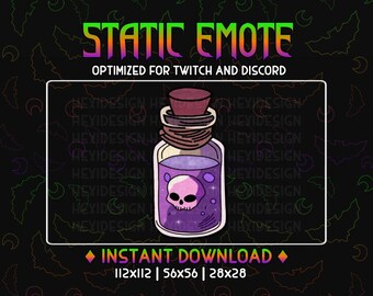 May include: A purple potion bottle with a skull inside and a black background. The text "STATIC EMOTE" is above the bottle and "OPTIMIZED FOR TWITCH AND DISCORD" is below the bottle. The text "INSTANT DOWNLOAD" is below the bottle with the sizes "112x112 | 56x56 | 28x28" below that.