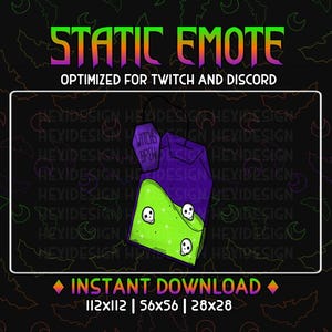 May include: A green and purple digital illustration of a witch's brew tea bag with a skull and crossbones design. The text "Witch's Brew" is on the tea bag. The image is optimized for Twitch and Discord. The text "Instant Download" is below the image. The sizes 112x112, 56x56, and 28x28 are listed below the text.