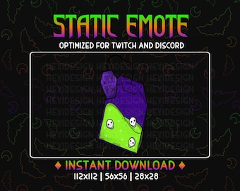 Könnte beinhalten: Eine digitale Illustration in Grün und Lila eines Hexenbrüh-Teebeutels mit einem Totenkopf- und Knochenkreuz-Design. Der Text "Witch's Brew" befindet sich auf dem Teebeutel. Das Bild ist für Twitch und Discord optimiert. Der Text "Sofortiger Download" befindet sich unter dem Bild. Die Größen 112x112, 56x56 und 28x28 sind unter dem Text aufgeführt.