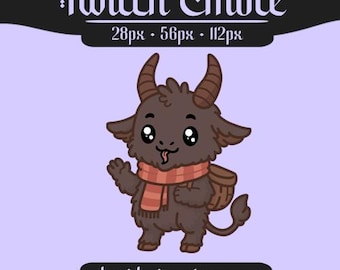 Könnte beinhalten: Cartoon-Illustration eines braunen ziegenartigen Wesens mit großen Augen, das einen Schal trägt und einen Korb trägt. Das Bild enthält den Text "Twitch Emote" und "hexidesign.etsy.com" auf einem lavendelfarbenen Hintergrund.