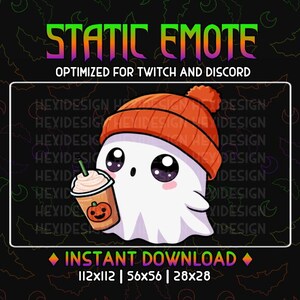 May include: A cartoon ghost wearing a red and orange beanie holds a pumpkin spice latte. The ghost has large, round eyes and a small mouth. The text "STATIC EMOTE" is at the top of the image, and "OPTIMIZED FOR TWITCH AND DISCORD" is below it. The text "INSTANT DOWNLOAD" is at the bottom of the image, along with the sizes "112x112", "56x56", and "28x28".