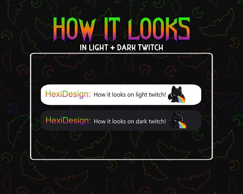 Puede incluir: Un gr&aacute;fico que muestra c&oacute;mo se ve una superposici&oacute;n de Twitch con un gato negro y un arco&iacute;ris en un fondo de modo claro y oscuro. El texto dice "HexiDesign: &iexcl;C&oacute;mo se ve en Twitch claro!" y "HexiDesign: &iexcl;C&oacute;mo se ve en Twitch oscuro!"