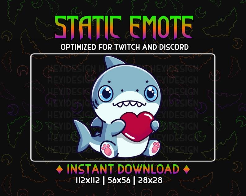 May include: A cartoon shark with a blue body and a pink heart in its fin, holding a red heart in its flippers. The image is framed in a white rectangle with the text "STATIC EMOTE" and "OPTIMIZED FOR TWITCH AND DISCORD" above the shark. The text "INSTANT DOWNLOAD" is below the shark, along with the sizes "112x112 | 56x56 | 28x28".