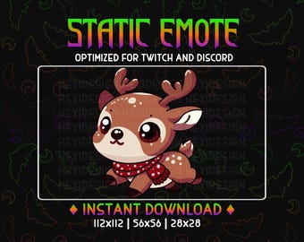 Könnte beinhalten: Ein Cartoon-Reh mit braunem Fell, großen Augen und einem rot-weißen Schal. Das Reh steht auf einem schwarzen Hintergrund mit dem Text "STATIC EMOTE" in Regenbogenfarben darüber. Der Text "OPTIMIZED FOR TWITCH AND DISCORD" befindet sich unter dem Reh. Der Text "INSTANT DOWNLOAD" befindet sich unter dem Reh mit den Größen "112x112 | 56x56 | 28x28" darunter.
