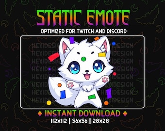 Könnte beinhalten: Digitalgrafik eines weißen Cartoon-Fuchses mit blauen Augen, Konfetti und dem Text "STATIC EMOTE OPTIMIZED FOR TWITCH AND DISCORD". Das Bild enthält den Text "INSTANT DOWNLOAD" und Größenangaben.