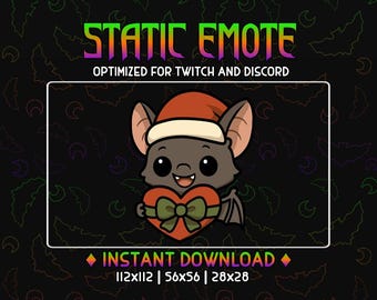 Könnte beinhalten: Digitalgrafik einer Cartoon-Fledermaus mit Weihnachtsmütze, die ein herzförmiges Geschenk hält. Der Text lautet "STATIC EMOTE" und "OPTIMIZED FOR TWITCH AND DISCORD". Der Hintergrund ist schwarz mit Fledermaus- und Mondsilhouetten.