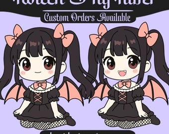 Könnte beinhalten: Zwei Cartoon-Bilder eines Mädchens mit schwarzen Haaren, rosa Schleifen und Fledermausflügeln. Sie trägt ein schwarzes Kleid mit einer rosa Fliege. Der Text lautet "Twitch PngTuber" und "Custom Orders Available" mit einer Website-Adresse unten.
