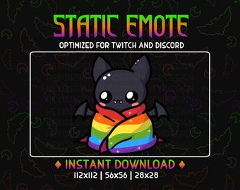 Könnte beinhalten: Eine Cartoon-Fledermaus, die einen regenbogenfarbenen Schal trägt. Die Fledermaus hat große, schwarze Augen und eine kleine, rosafarbene Nase. Der Text "STATIC EMOTE" befindet sich oben im Bild, und "OPTIMIZED FOR TWITCH AND DISCORD" darunter. Der Text "INSTANT DOWNLOAD" befindet sich unten im Bild, zusammen mit den Größen "112x112", "56x56" und "28x28".