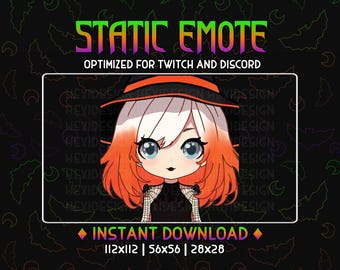 Könnte beinhalten: Eine digitale Illustration einer Comicfigur mit orangefarbenem Haar, die einen Hexenhut und ein schwarz-weißes Kleid trägt. Das Bild ist mit "STATIC EMOTE" und "OPTIMIZED FOR TWITCH AND DISCORD" beschriftet. Das Bild enthält auch den Text "INSTANT DOWNLOAD" und die Größen "112x112 | 56x56 | 28x28".