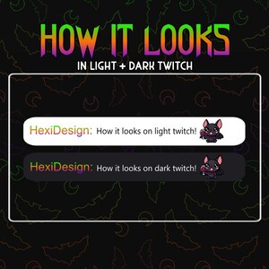 Puede incluir: Un gr&aacute;fico que muestra c&oacute;mo se ve una superposici&oacute;n de Twitch con un dise&ntilde;o de murci&eacute;lago lindo en modo claro y oscuro. El texto dice "HexiDesign: &iexcl;C&oacute;mo se ve en Twitch claro!" y "HexiDesign: &iexcl;C&oacute;mo se ve en Twitch oscuro!"