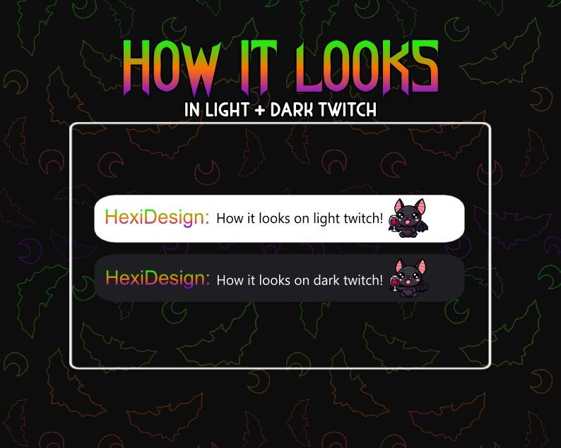 Puede incluir: Un gr&aacute;fico que muestra c&oacute;mo se ve una superposici&oacute;n de Twitch con un dise&ntilde;o de murci&eacute;lago lindo en modo claro y oscuro. El texto dice "HexiDesign: &iexcl;C&oacute;mo se ve en Twitch claro!" y "HexiDesign: &iexcl;C&oacute;mo se ve en Twitch oscuro!"