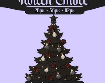Könnte beinhalten: Illustration eines schwarzen Weihnachtsbaums mit roten Rosen und Kugeln. Das Bild enthält den Text "Twitch Emote" und "hexidesign.etsy.com" auf einem hellvioletten Hintergrund.