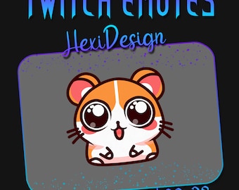 May include: A digital illustration of a cartoon hamster with large eyes, a pink nose, and a wide smile. The hamster is sitting on a grey background with a blue and purple speckled pattern. The text "Twitch Emotes" and "HexiDesign" are at the top of the image. The text "112x112 | 56x56 | 28x28" is at the bottom of the image.