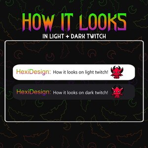 Puede incluir: Un gr&aacute;fico que muestra c&oacute;mo se ve un personaje de diablo rojo de dibujos animados en fondos de Twitch claros y oscuros. El texto dice "HexiDesign: &iexcl;C&oacute;mo se ve en Twitch claro!" y "HexiDesign: &iexcl;C&oacute;mo se ve en Twitch oscuro!"