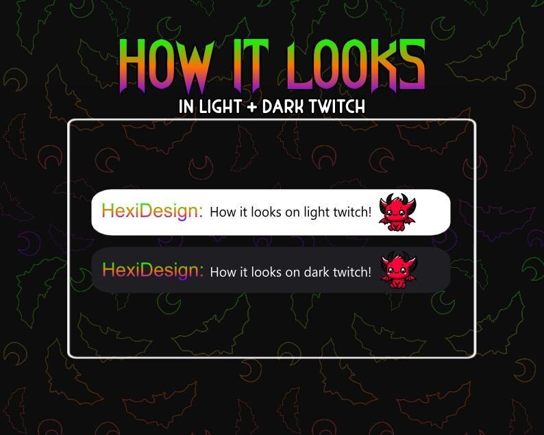 Puede incluir: Un gr&aacute;fico que muestra c&oacute;mo se ve un personaje de diablo rojo de dibujos animados en fondos de Twitch claros y oscuros. El texto dice "HexiDesign: &iexcl;C&oacute;mo se ve en Twitch claro!" y "HexiDesign: &iexcl;C&oacute;mo se ve en Twitch oscuro!"