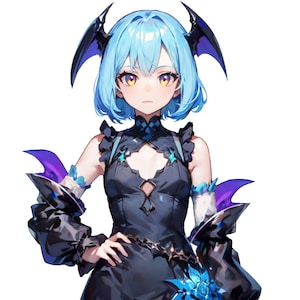 Op de afbeelding: Anime-stijl illustratie van een personage met lichtblauw haar en gele ogen. Het personage draagt een donkere jurk met decoratieve accenten en een vleermuisachtige hoofdbedekking. De algehele esthetiek is fantasie-thema.