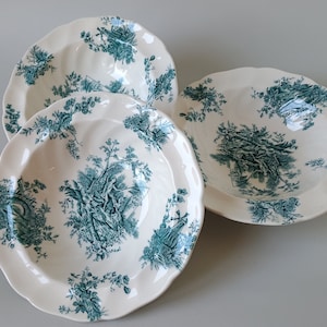 Juego de 3 cuencos para desayuno y postre - Johnson Bros - Pastorale TOILE DE JOUY Azul - Inglaterra, década de 1960
