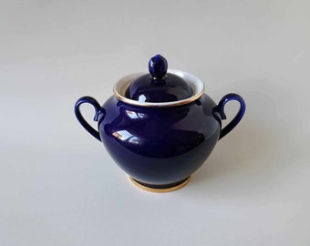 Sugar Bowl with Lid - Lomonosov Imperial Porcelain Factory - Cobalt Blue Gilding - Hand Painted - Stamp 1990s