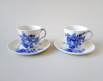Royal Copenhagen Blue Flower 10/1546 - Set of 2 Coffee Cups and Saucers - Hand Painted 1st Quality - Design by Arnold Krog - Denmark 1960s