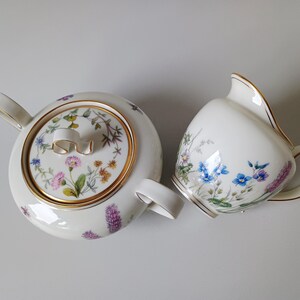 May include: White porcelain teapot and creamer set with floral designs. The teapot has a lid with a gold rim and handle. The creamer has a curved spout and a handle. Both pieces are decorated with colorful flowers.