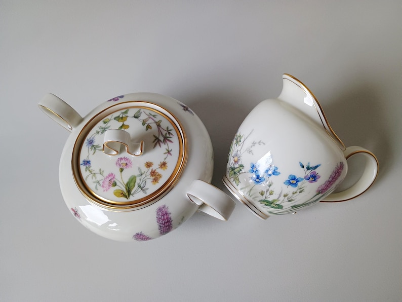May include: White porcelain teapot and creamer set with floral designs. The teapot has a lid with a gold rim and handle. The creamer has a curved spout and a handle. Both pieces are decorated with colorful flowers.