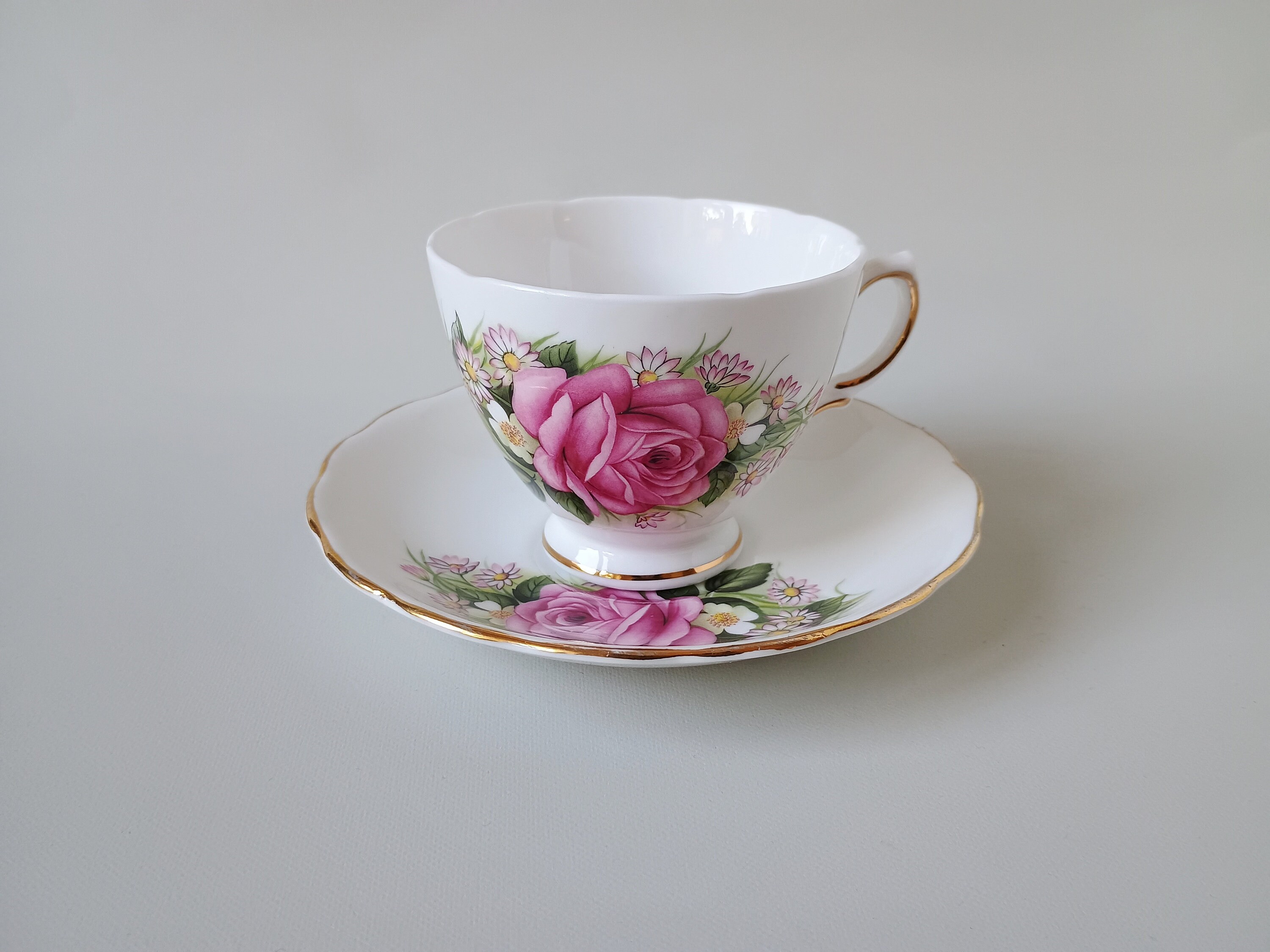 Rose Royal Vale China Value Pink Yellow Rose Cup And Saucer Forget Me Nots  Royal Vale