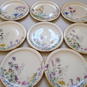 May include: Nine off-white ceramic plates with a gold rim, each decorated with a different floral design in shades of purple, yellow, and blue. The plates are arranged in a grid pattern, showcasing the variety of botanical illustrations.