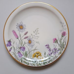 May include: A white ceramic plate with a gold rim, decorated with a floral design. The flowers include daisies, purple bellflowers, and pink and yellow wildflowers. The plate is a decorative piece for serving food.