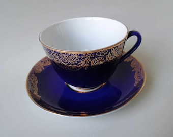 Lomonosov Porcelain Tea Cup & Saucer: Golden Frieze Cobalt Blue, 1990s
