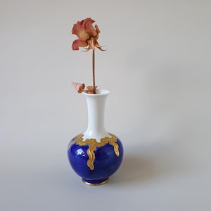 Vintage Hackefors Barockvas, handmålad koboltblå och guld svenskt porslin, 1940–1960
