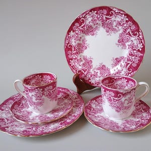 Royal Tuscan Fine Bone China Trio Set: Raspberry Floral, Gilt Rims, 1970s