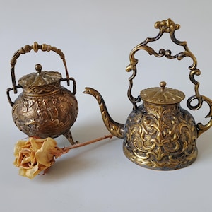 Victorian Antique Ornate Bronze mini Teapot & Sugar Bowl – Set of 2 Collectible Decorative Pieces