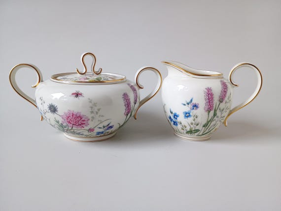Vintage Krautheim Selb Bavaria Sugar Bowl or Creamer: Fine Porcelain Wildflower Gold Trim