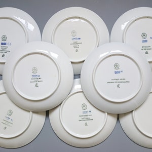Puede incluir: Una colecci&oacute;n de platos de cer&aacute;mica blanca con sellos decorativos azules y verdes y texto. Los platos presentan varios dise&ntilde;os y textos, incluyendo "Christmas Rose and Cat" y "Winter Wonderland". Los platos est&aacute;n dispuestos sobre una superficie gris.