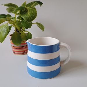 May include: A ceramic jug featuring horizontal blue and white stripes with a curved handle and a pouring spout. The jug has a smooth, glossy finish and a wide base, providing a stable structure for pouring liquids in a kitchen setting.