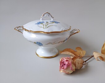 Hackefors Centaurea serveerschaal met deksel, Zweedse porseleinen schaal met deksel, blauwe korenbloem terrine, vintage Zweden, Gamla Linköping jaren 1940-1960