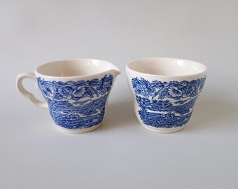 EIT English Ironstone Sugar Bowl & Creamer Set – Blue Transferware Country Scene – Vintage England